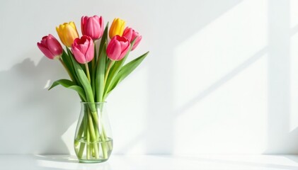 Modern tulip vase, shadow play, white backdrop , tulip, simple