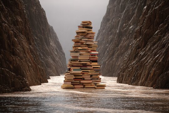 Stacked Books In Mountain Canyon River