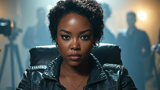 Confident woman in leather jacket on film set, serious expression.