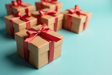 Obraz premium Several small brown gift boxes, ribbon detail , brown boxes, party