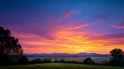 Obraz premium Panoramic view of sunset illuminating serene countryside landscape