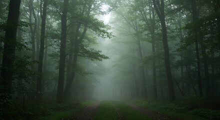 Obraz premium Enigmatic Foggy Forest Path Mysterious Woodland Trail in Misty Morning