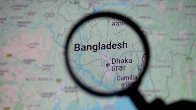 Mumbai, India - 27 May 2025, Video of map of Bangladesh through magnifying glass. Earth, physical, political, bangla, east pakistan, partition, prime minister, exile, trade, dialogues, saarc, bimstec 