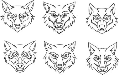 outline Vector wolf head pack, icon collection  in a minimalistic style, ready for use in branding or apparel.