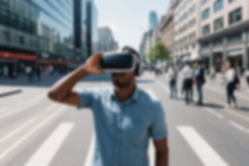 In public, blurry photo of a man using VR headset on public street, exploring virtual reality. Technology, metaverse, learning, innovation, interactive, blurry wallpaper.