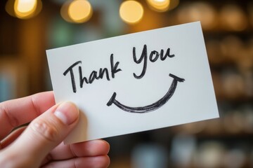 Hand holding a thank you note with a handwritten message.
