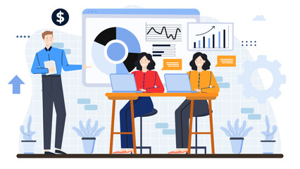 Man presenting a chart to two women, suitable for business presentations or discussions on data analysis and teamwork. Dynamic and professional.