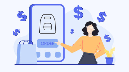 Woman pointing to phone with order button for ecommerce or online shopping related concepts. Suitable for websites, social media, and advertisements.