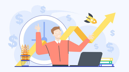 Man pointing at yellow arrow and using laptop, folders in front of him. Suitable for business growth concepts and presentation materials.