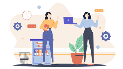 Title Two women discussing a laptop. Suitable for technology blog post, office communication concept, and co-working space advertisement.