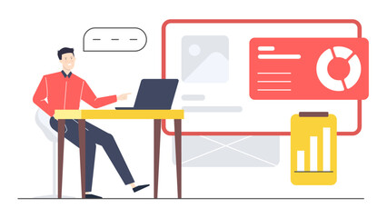 Man pointing at website design on laptop, suitable for web design concept illustrating collaboration and creativity in digital work environment.