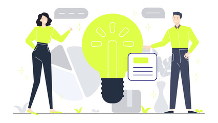Man and woman pointing to a lightbulb, suggesting inspiration or idea. Suitable for business, brainstorming, creativity, innovation concepts.