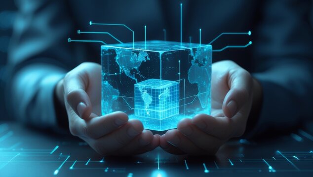 Hands holding a glowing digital cube showcasing a world map in a technology concept