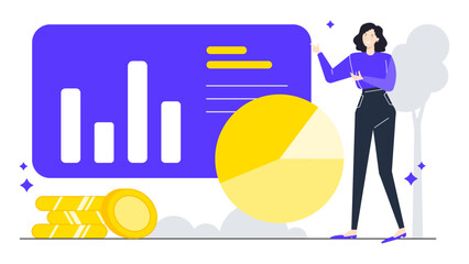 Woman pointing at a graph showing a pie chart, suitable for business presentations, data analysis concepts, financial reports, marketing strategies.