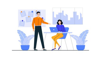 Two people working in an office, suitable for business presentations, website articles, and social media posts. Good for office related themes.