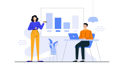 Two people analyzing a bar graph, discussing data trends in a business meeting. Suitable for presentations, reports, financial blogs.