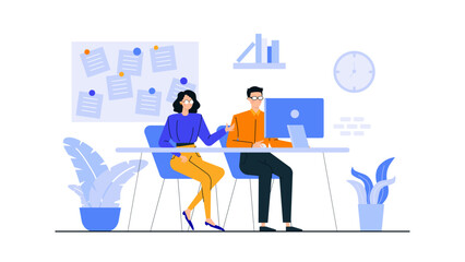 Two people working at a desk with a computer and plants. Suitable for business, remote working, workspace, office environment concepts.