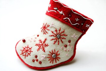 A christmas stocking with red trim and snowflake designs on a white background, festive holiday decor