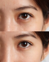 Before and after dark under-eye circle treatment, close-up of young Asian woman with neutral expression. White background.