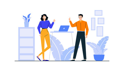 Two people at desk with laptop. Suitable for business, teamwork, collaboration, technology, workplace, office, remote work, meeting, presentation.