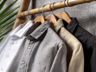 Four linen shirts of varying colors on a bamboo clothes rack