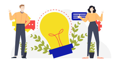 Two people creatively brainstorming with lightbulb and surrounded by plants, suitable for business ideas or environmental concepts imagery.