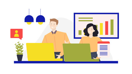 Man and woman in office, both focused on laptops. Suitable for business articles, technology blogs, or workplace concepts in design.