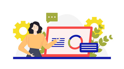 Obraz premium Woman presenting data on a whiteboard, suitable for business presentations, reports, educational materials, and corporate training visuals. Informative and professional.