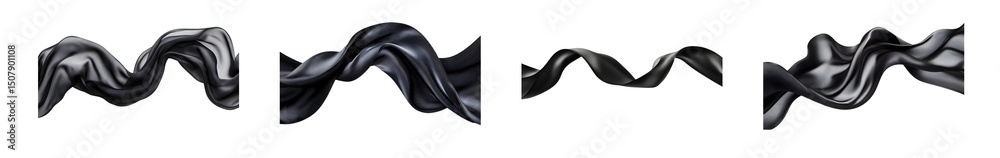 Poster set of black fabric flowing in multiple elegant curves. isolated on transparent background