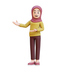 3D muslim girl character with hijab is presenting to the right