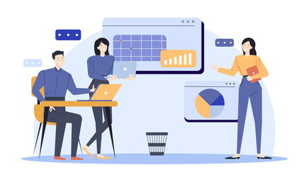 Three people using laptops and a trash can, depicting modern office atmosphere. Suitable for web design, social media illustrating concepts.