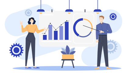 Business presentation featuring a woman and man presenting a graph and a pie chart, ideal for corporate or financial presentations.