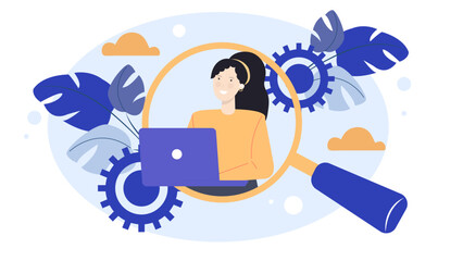 Woman using laptop with magnifying glass. Concept of research, search, investigation, technology, online browsing, digital work, remote work.