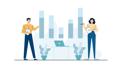 Two people showcasing bar graphs in an office ideal for business presentations, financial reports, office productivity concepts.