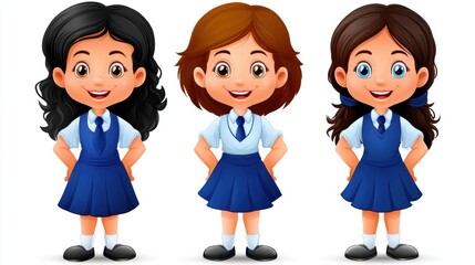 Three cheerful school girls standing side by side wearing blue school uniforms with ties, smiling confidently with hands on hips on a white background