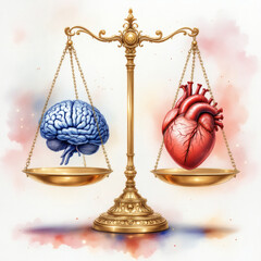 Exquisite Watercolor Painting of Balanced Scale with Brain & Heart, Emotional Intelligence, Decision-Making Art, Luxury Abstract, Symbolic Harmony, Mind & Soul Balance, Ethereal Brushwork