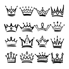 collection of sixteen unique hand-drawn crown illustrations. Each crown is depicted in a simplistic, black-and-white style with varying designs and details.