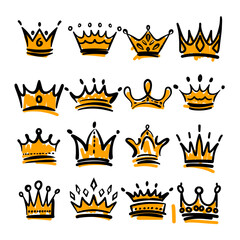 collection of sixteen unique hand-drawn crown illustrations. Each crown is depicted in a simplistic, black-and-white style with varying designs and details.