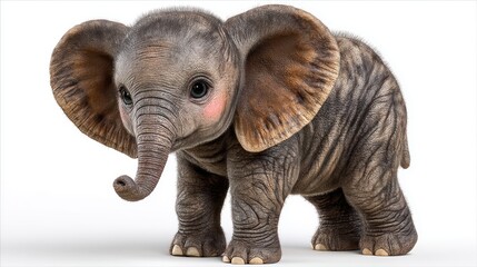 Adorable baby elephant with big ears and bright eyes standing on white background