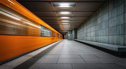 A blurred orange subway train speeds through a long, grey-tiled underground station platform, illuminated by overhead lights
