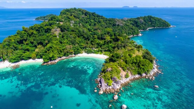 Tropical twin coves with sandy beaches and rocky edges
