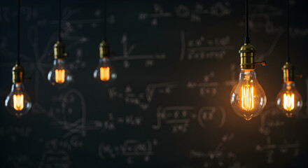 Hanging Light Bulbs Illuminate Mathematical Equations on a Chalkboard in a Dimly Lit Education Environment