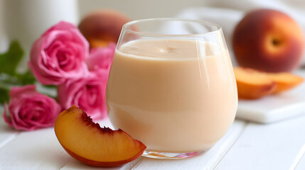 Fresh Peach Smoothie Blended with White Grape Juice and Surrounded by Roses and Sliced Peaches