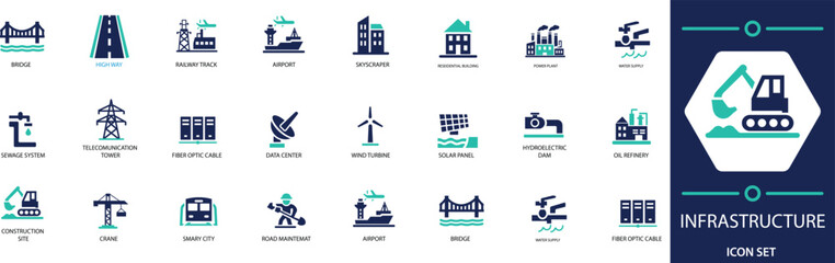 Infrastructure Icon Set Construction, Utilities, and Network.
