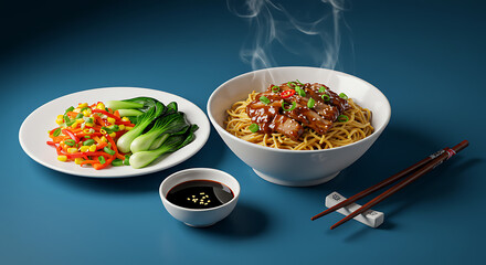 Delicious Asian Noodles with Bok Choy Steamed Vegetables and Soy Sauce