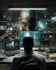 Deepfake cyber attack. Cybercriminal using AI deepfake software in dark web environment.