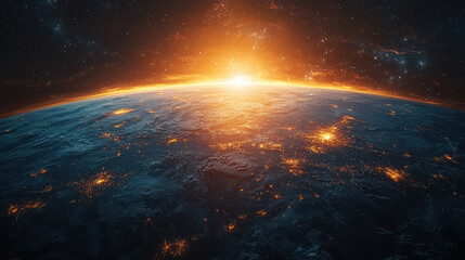 Obraz premium A breathtaking panorama of Earth unfolds from the vast expanse of outer space, revealing a vibrant tapestry of glowing cities and ethereal clouds against the backdrop of a swirling, cosmic canvas. 