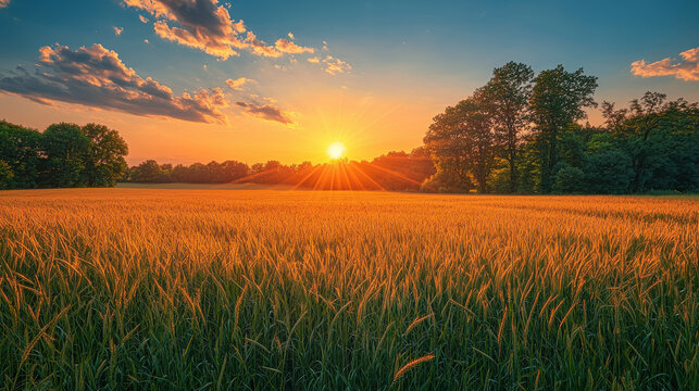A breathtaking panorama of a summer landscape, where tall, vibrant grass swayed gracefully in a gentle breeze, framing a verdant meadow bathed in the golden light of either sunrise or sunset. 
