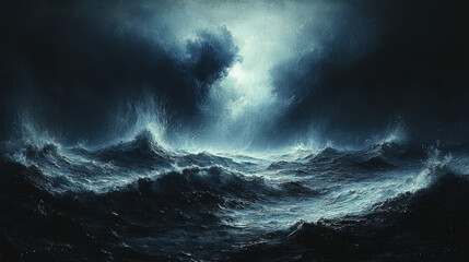 A brooding, charcoal-toned sky, where a spectral, blue-hued cloud lurked ominously over a restless ocean, its surface churned by an invisible force. The background, a somber canvas of gray and 