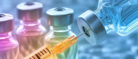 vaccine immunization development concept. Colorful vaccine vials with a syringe ready for injection in a healthcare setting.